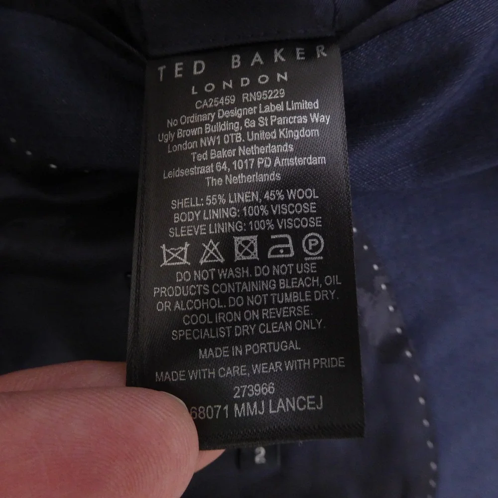 NEW Ted Baker Mens Lancej Slim Fit Organic Fibre Jacket Navy Blue Size 2 / 36R